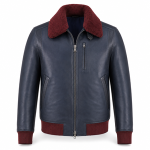<b>Men</b>’s Premium Leather Aviator <b>Jacket</b> with Contrast Fur Collar, Front Zip Closure and Rib Knit Waistband - Product Image 1