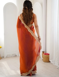 KV Embellished Silk Wrinkle-Free Reversible Bollywood Satin <b>Saree</b> (<b>Orange</b>) for Party - Product Image 4