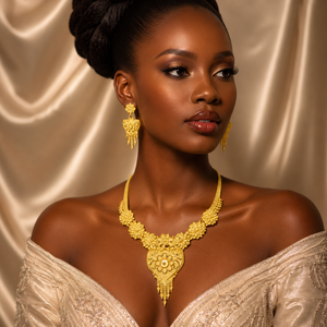 24K Gold Plated Floral <b>Bridal</b> Charm Necklace Set For Women Traditional Nigerian Wedding Jewelry with Matching Earrings - Product Image 3