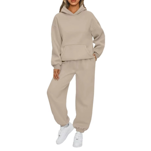 Women Casual <b>Tracksuit</b> Solid Color Hooded Sweatshirt Pants Set Loose Fit Full Sleeve Autumn Wear Breathable Cotton Material - Product Image 6