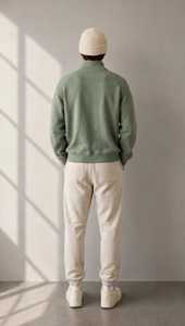 เสื้อฮู้ดผู้ชายแบบสวมใส่สบาย ผ้าถักเนื้อหนา มีซิปครึ่งตัว สีเขียวล้วน ทรงปกติ สำหรับฤดูหนาว รับผลิตแบบ OEM - Product Image 5