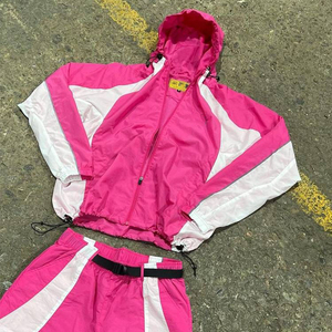 Men's Vintage Winter Pink Hooded Color Blocking Quick Dry 100% Cotton Sportswear <b>Set</b> <b>Knitted</b> Casual Outfit Shorts and Jacket - Product Image 2