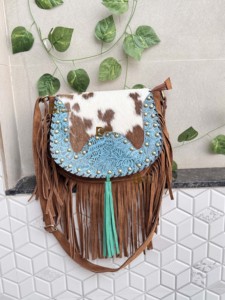 Sac à main à franges en cuir de vachette style occidental avec bordure colorée turquoise Sac à bandoulière Sac à franges bohème Sac à main pour femme - Product Image 5
