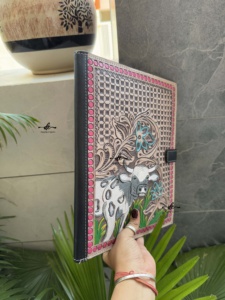 New 2025 Hand Tooled Leather Cow Design Business Planner Portfolios File <b>Folder</b> <b>Document</b> Holder Genuine Leather Snap Padfolios - Product Image 5