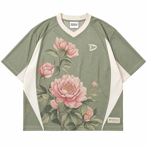 เสื้อยืดคอกว้างสไตล์วินเทจ Y2K แบบสปอร์ต พิมพ์ลายดอกไม้ด้วยเทคนิค DTG  ขายส่งเสื้อเจอร์ซีย์กีฬาผ้าตาข่ายคอวีแบบโอเวอร์ไซส์ - Product Image 2