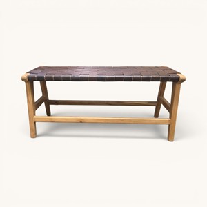 Muebles de Exterior Modernos de Madera de Teca, Banco de Madera Maciza con Correa de Cuero Tejida, para Entrada, Balcón, Jardín, Patio, Venta Directa de Fábrica al por Mayor - Product Image 5