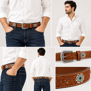 Premium Hand <b>Tooled</b> Genuine Leather <b>Belt</b> for Men Floral Carved <b>Belt</b> with Turquoise Concho Accents - Product Image 5
