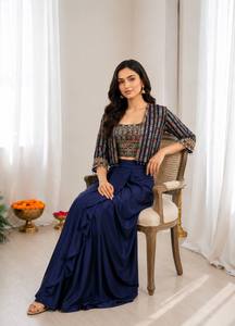 Women Navy Blue Embroidered Ethnic Dress Set With Floor-Length Skirt And Crop <b>Top</b> Loose Fit Party Wear India Pakistan Style - Product Image 4
