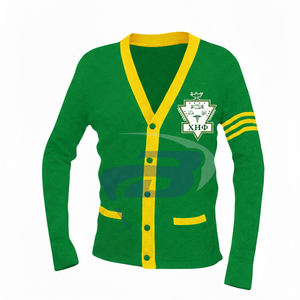 Suéter Cárdigan de la Hermandad Chi Eta Phi, Verde Tejido con Rayas Amarillas y Logotipo Bordado, Ropa de la Hermandad CEPhi Griega - Product Image 1
