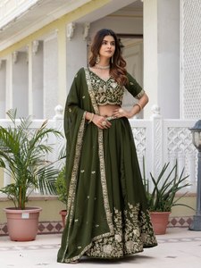 Green Embroidered Georgette <b>Lehenga</b> Choli Set Heavy Sequin Work <b>Women</b> Wedding Party Outfit - Product Image 4