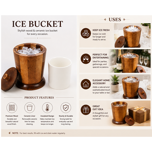 Seau à glace en bois artisanal de style Mid-Century Modern, avec lattes verticales bicolores chaudes et finition élégante, accompagné d'un couvercle ajusté assorti. - Product Image 5