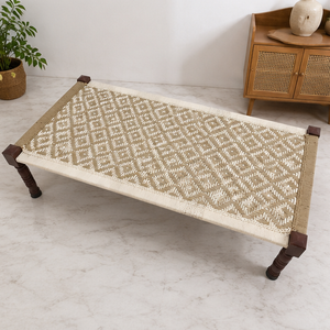 Banco Rectangular Tejido a Mano con Patrón Geométrico, Patas de Madera, Diseño Bohemio Moderno, Mueble Duradero para Interiores, para Sala de Estar - Product Image 3