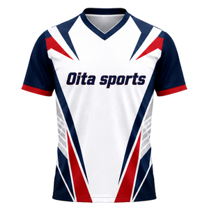 Manufacturer Custom Navy Blue Red White Sublimated Volleyball Jersey Short Sleeve Athletic Sports Shirt Team Competition Wear - Product Image 1