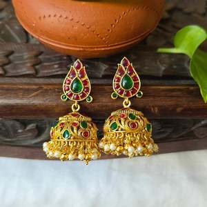 Brass Jhumki Earrings with Kemp Stones Gold Plated Ethnic Jewelry for Wedding and Party - Product Image 2