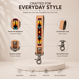 Porte-clés en cuir perlé fait main avec clip métallique, en cuir de vachette véritable, bracelet géométrique, style vintage ethnique bohème, support de clés de poche - Product Image 5