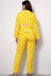 Premium Women Yellow White Vertical Striped Breathable Eco-Friendly Cotton Pajama Set Full Sleeve Button-<b>Down</b> Shirt Elastic - Product Image 6