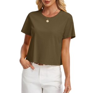 T-shirt décontracté pour femme, vert olive, coupe courte, manches courtes, col rond, coupe ample, 100% coton jersey tricoté, couleur unie - Product Image 1