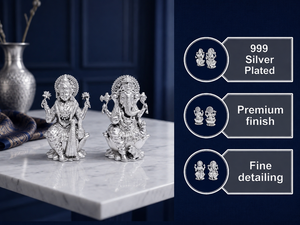 พระโลตัสยาวชุบเงิน 999 จาก Jaipur Metals รูปเทพีลาักษมีและพระพิฆเนศ |   ทองเหลืองแท้ 100% |   7 x 6 x 5.5 ซม. |   97 กรัม |   พูจาและของขวัญ - Product Image 2
