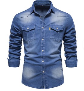 <b>Men's</b> Slim Fit Denim Shirt Long Sleeve Solid Color Cotton Casual Turn-down Collar With Pockets Stonewash Finish - Product Image 1