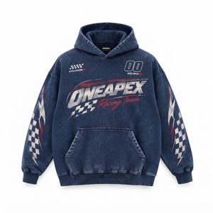 Sweat-shirt à capuche bleu délavé pour homme, imprimé course automobile sur denim, coupe oversize, streetwear ONEAPEX, vente en gros personnalisée - Product Image 2