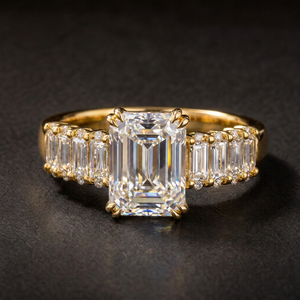 Bague de mariage en or jaune 14 carats avec diamant de laboratoire taille émeraude VVS, diamant synthétique et bande baguette, bijoux fins, vente chaude - Product Image 1