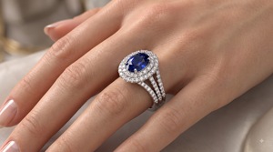 Lab Blue Oval Sapphire Gemstone Halo <b>Ring</b> Double Diamond <b>Split</b> Shank Yellow Gold IGI Certified Statement Engagement <b>Ring</b> - Product Image 2