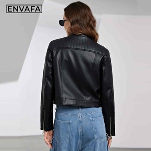 Chaqueta Corta Negra de Cuero Sintético Tejido para Mujer, Estilo Motero, Impermeable, Resistente al Viento, Ropa Exterior Informal para Primavera y Otoño - Product Image 6