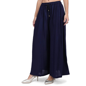 Pantalon large en mousseline bleu marine pour femme, taille haute, coupe ample, longueur complète, décontracté, avec cordon de serrage, style respirant pour l'été - Product Image 1