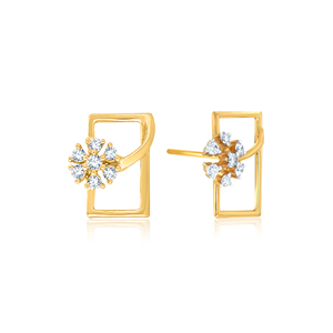 Boucles d'oreilles géométriques carrées en or 18 carats avec fleur et diamant de laboratoire rond, bijoux élégants pour femme, cadeau d'anniversaire de mariage - Product Image 2