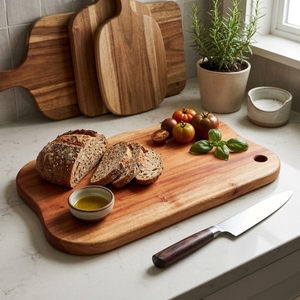 Planche à découper en bois de teck naturel à bords bruts, bloc de découpe en bois organique, plateau de service pour charcuterie avec trou de suspension en cuir - Product Image 3