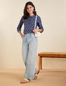 Kurta de algodón con estampado geométrico azul marino para mujer, con cuello mandarín y mangas tres cuartos, top informal - Product Image 2