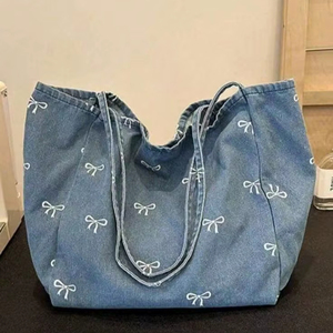 Custom Print Cotton Denim Tote <b>Bag</b> <b>Large</b> Capacity Jean Fabric Shoulder Handbag For Women Daily Shopping <b>Beach</b> Travel Use - Product Image 1