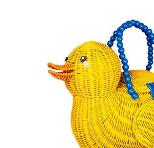 Yellow Rattan Duck Shape Storage <b>Basket</b> With Blue Bead <b>Handle</b> Animal Pattern Decorative Handmade <b>Wicker</b> Bag - Product Image 6