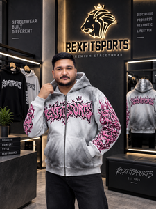 REXFITSPORTS 2026 Sweat à capuche gris personnalisé entièrement zippé, motif graffiti, streetwear, en molleton, imprimé rose, vente en gros - Product Image 2