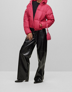 Blouson matelassé rose à col montant, manches longues, manteau d'hiver court pour femme, en polyester épais avec fermeture éclair - Product Image 3