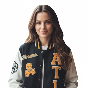 Veste Bomber Rétro Personnalisée SHY OEM en Laine Polaire avec Broderie Jaune, Patchwork et Manches en Cuir Blanc – Manteau d'extérieur - Product Image 3
