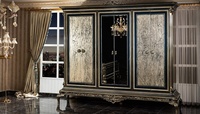 Ensemble de chambre à coucher de luxe antique de style mid-century, capitonné noir et or, en bois de teck massif, avec chevets California King Curio, pour usage hôtelier