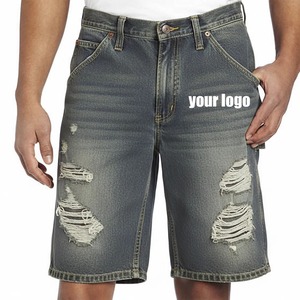 Shorts Bermuda en jean déchiré pour homme, taille mi-haute, fermeture boutonnée, style décontracté, logo imprimé sur le devant, 100 % coton tissé respirant - Product Image 1