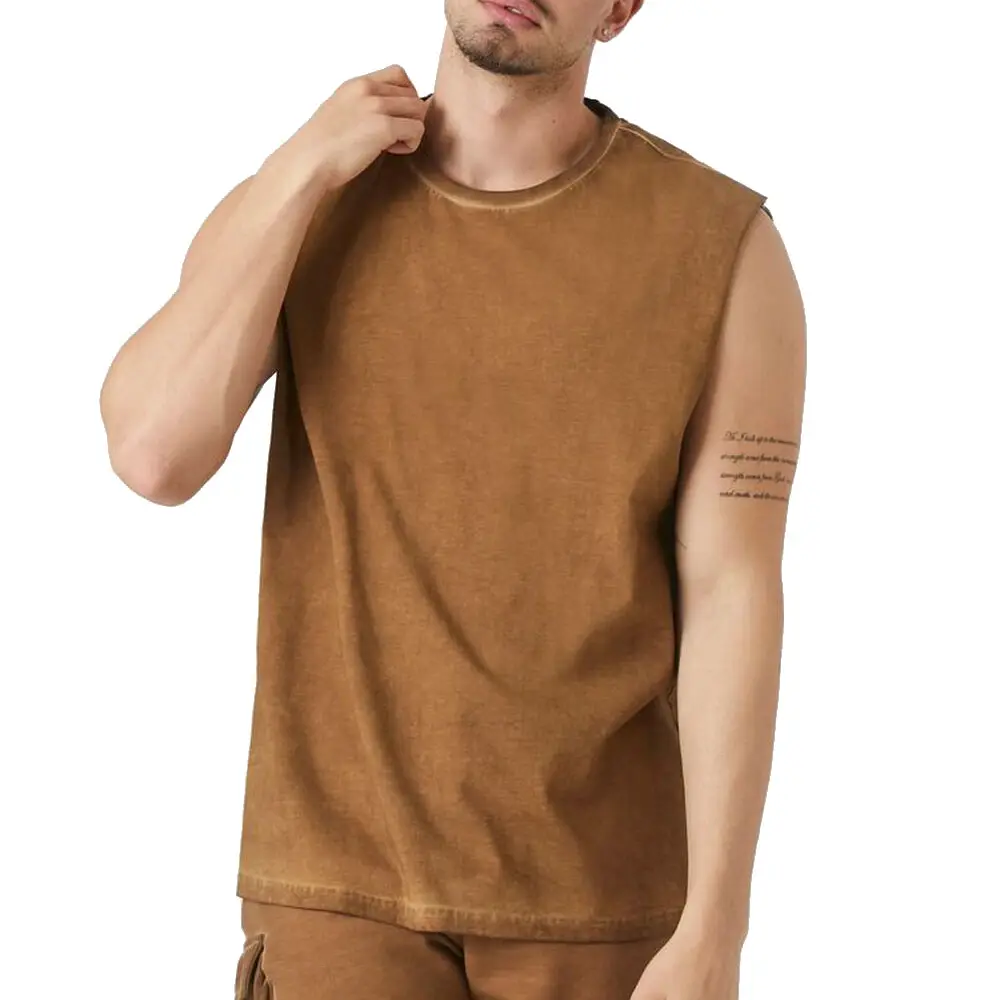 OEM men o neck sleeveless tank top t shirt brown color 100% cotton men t shirt breathable custom embroidery logo