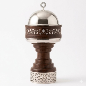 Casserole en bois de luxe moderne avec couvercle rond en acier inoxydable, récipient isotherme pour aliments avec design géométrique incrusté - Product Image 2
