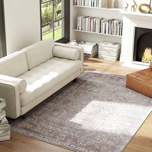Tappeto a Pelo Lungo Lavabile in Lavatrice 5x7, Antiscivolo, con Stampa Floreale Tradizionale, Grigio e Marrone, per Soggiorno e Camera da Letto - Product Image 3