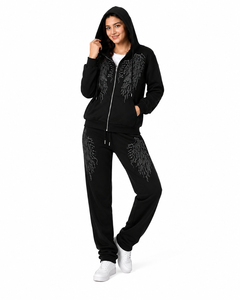 Unisex Black Winter Tracksuit <b>Set</b> Zip-Up Hoodie Sweatpants 2 1 Design Rhinestone Embellished Fleece Lining Eco-Friendly - Product Image 5