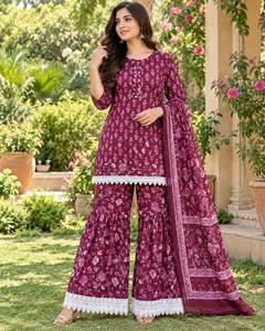 Floral Cotton Vintage Summer Loose Fit <b>Kurta</b> Set <b>Women</b> Ethnic Top and Skirt Lace Hem Pakistani Indian Outfit - Product Image 4