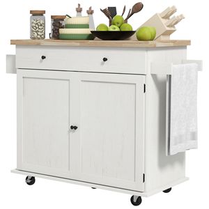Carrello da Cucina Bianco Regolabile con Piano in Legno Massello, Cassetto e Ante, Isola Mobile per Colazione - Product Image 1