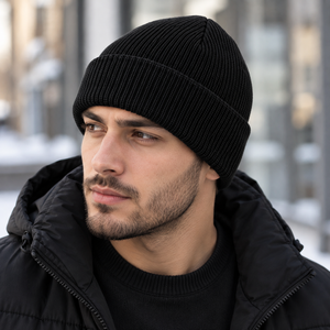 Unisex Black Jacquard Ribbed Beanie <b>Hat</b> 100% Acrylic Casual Winter Cap Solid Color Knitted <b>Warm</b> <b>Hat</b> for Adults 48-50cm - Product Image 3