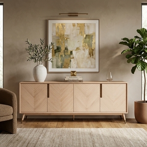 Buffet scandinave en chêne clair avec incrustations Chevron, meuble TV 4 portes, console multimédia, meuble d'entrée, salon - Product Image 2