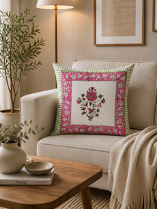Pink Botanical Hand Block Printed Cushion Cover <b>Square</b> Cotton Decorative <b>Pillow</b> Cover for Sofa Couch and Lounge - Product Image 4