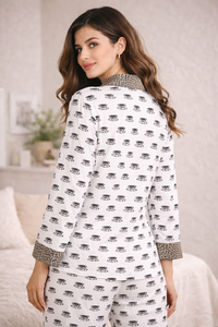 Women Crepe Silk Pajama Set Elephant Print Nightwear Long Sleeve Shirt Pants With Pockets Matching Bag Lounge Wear - Product Image 3