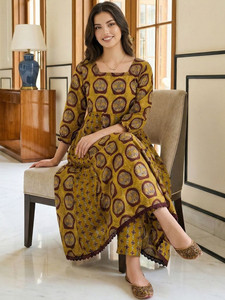 <b>Women</b> Traditional Digital Print Cotton <b>Kurta</b> Trousers Knee-Length Regular Fit Casual Ethnic Wear India Pakistan Style Quick Dry - Product Image 6