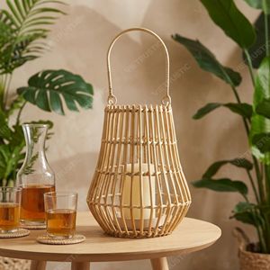 Lanterne scandinave en rotin, porte-bougie suspendu à lattes ouvertes, lanterne de jardin en verre, support de bougie, lumière décorative intérieure - Product Image 4